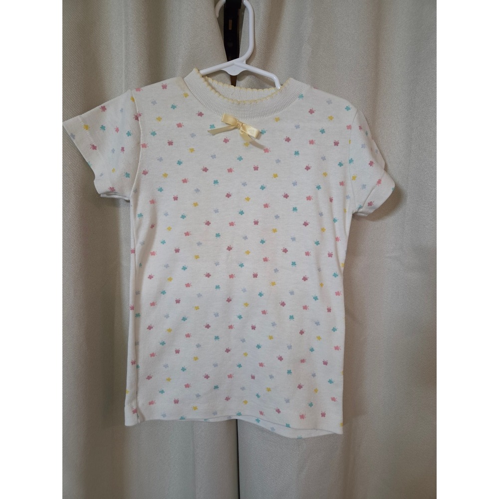 Vintage Health-tex Girls White Butterfly Print Top Bow Scalloped Neck 6x USA